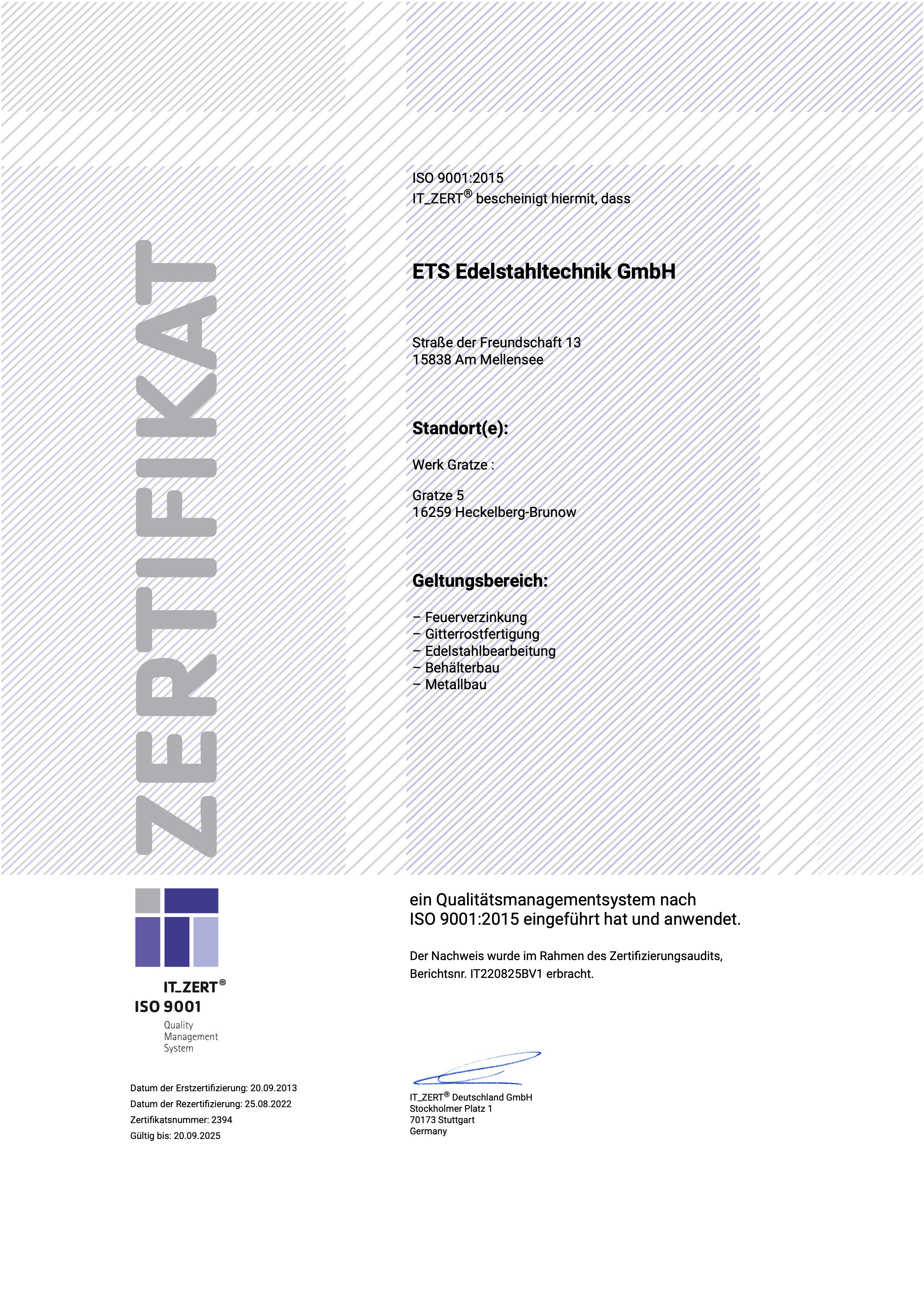 Zertifikat nach ISO 9001